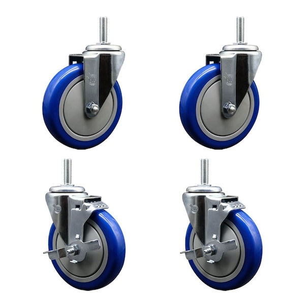 Service Caster 5 Inch Blue Polyurethane Wheel Swivel 34 Inch Threaded Stem Caster Set 2 Brakes SCC SCC-TS20S514-PPUB-BLUE-34212-2-TLB-2 - main